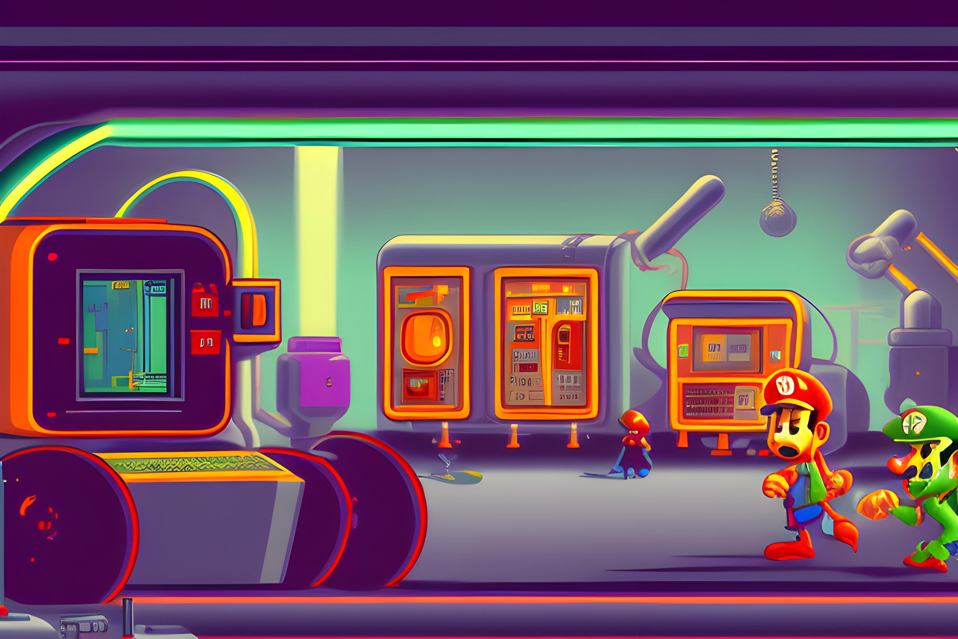 baner na stronę internetową w stylu gier retro z postaciami z gier Atari 800XL - Mr Robot and his robot factory, Nintendo - Mario Bros, Amstrad CPC - Cauldron,
